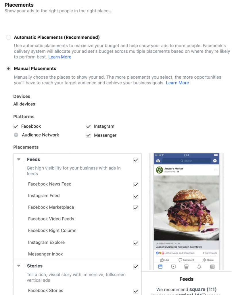 Facebook Ads Manager - Placements