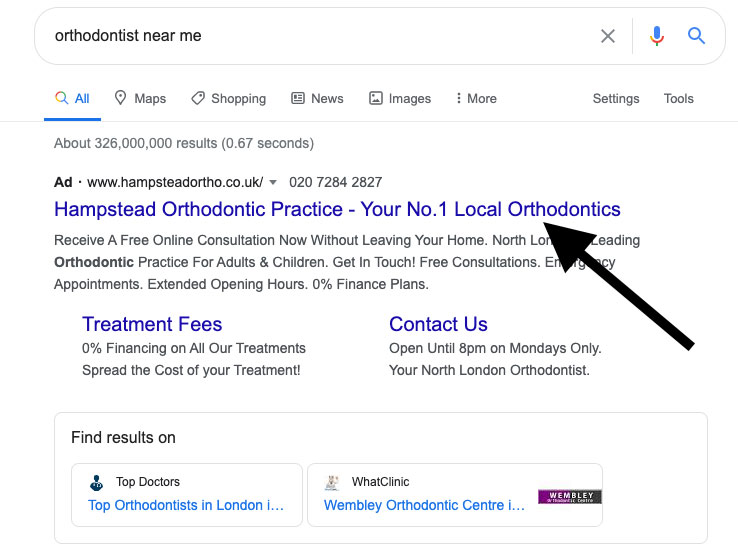 Google Ad for Orthodontist Example